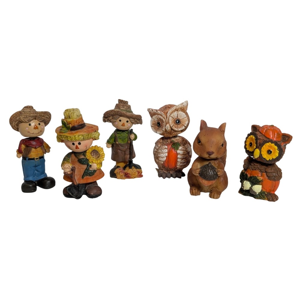 Fall Harvest Resin Bobblehead Figurines Set of 6 Scarecrow Owl Squirrel